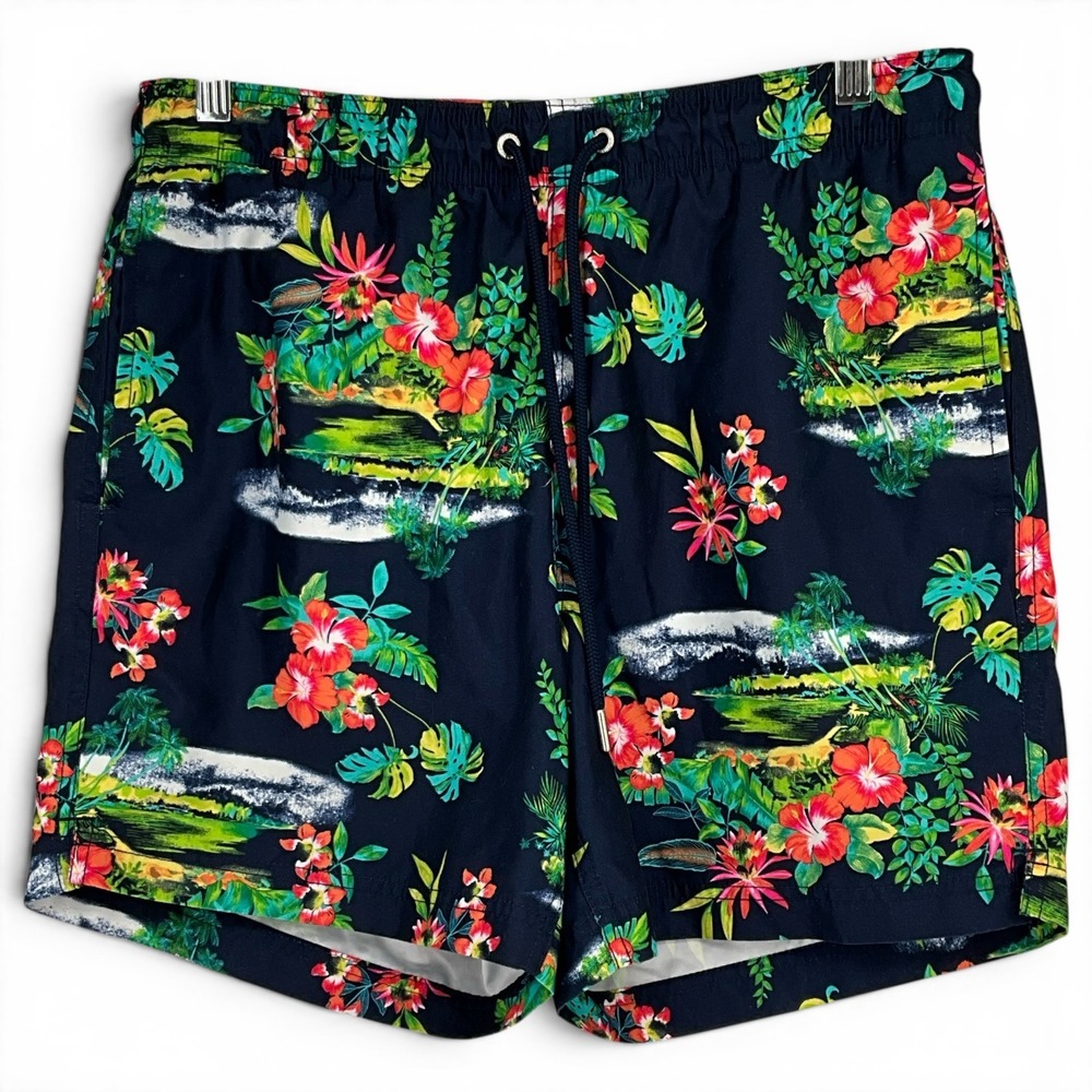 Lands End Mens Swim Trunks Medium 32-34 Navy Floral Tropical Island Print Shorts